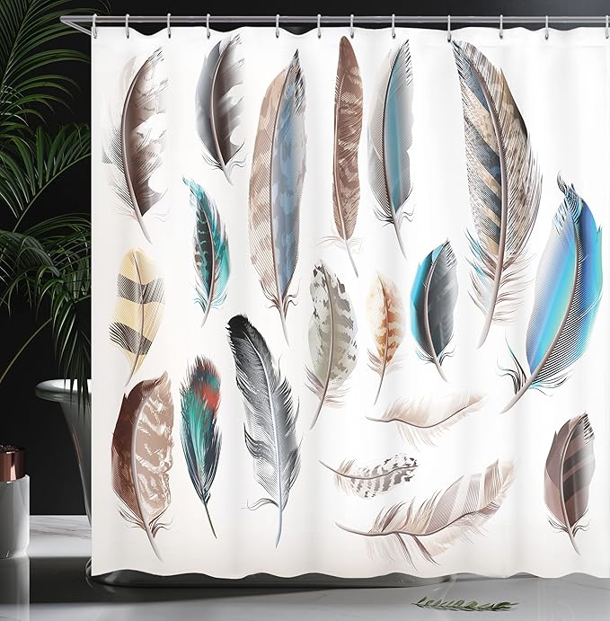 Ambesonne Feathers Shower Curtain, Western Feather Setting Pigmented Bird Body Parts Growth Nature Design, Cloth Fabric Bathroom Decor Set with Hooks, 69" W x 70" L, White Soft Blue Ecru