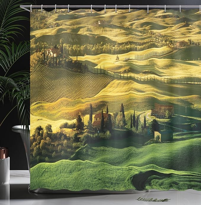 Ambesonne Tuscan Shower Curtain, Peaceful Landscape of Pienza Tuscany Vineyard Trees Meadow Hill House, Cloth Fabric Bathroom Decor Set with Hooks, 69" W x 70" L, Green and Khaki