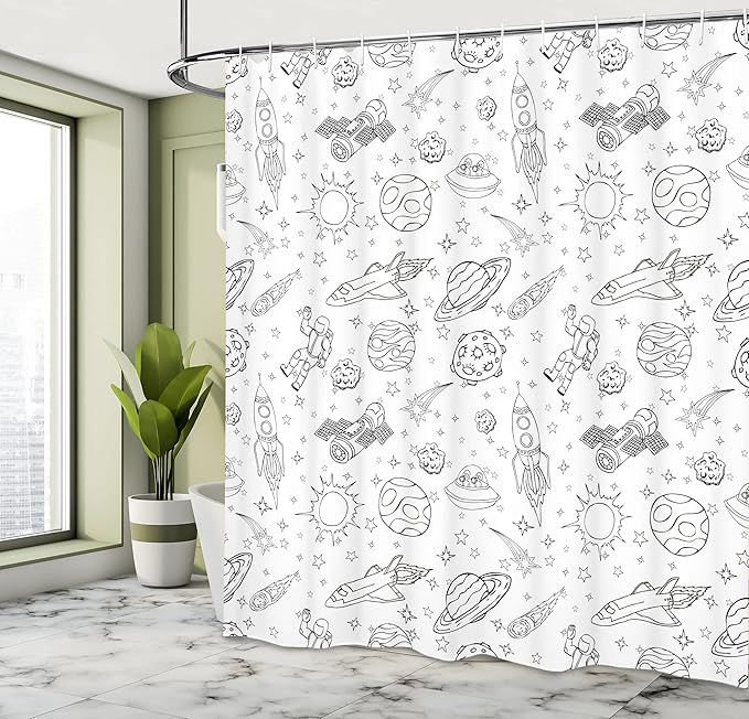 Ambesonne Cartoon Shower Curtain, Doodle Solar System Astronauts Space Crafts Shooting Stars Science Fiction Theme, Cloth Fabric Bathroom Decor Set with Hooks, 69" W x 70" L, White Ink