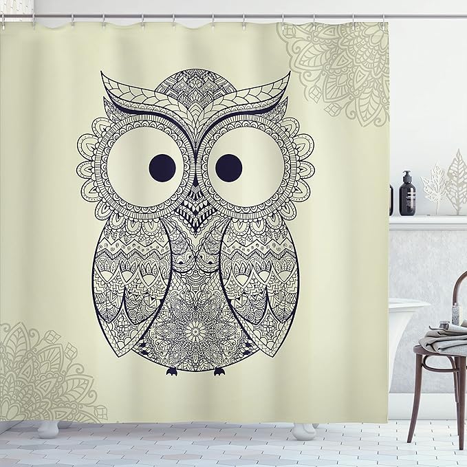 Ambesonne Ethnic Shower Curtain, Design Illustration Owl with Flowers Owl Bird Ornamental Pattern, Cloth Fabric Bathroom Decor Set with Hooks, 69" W x 70" L, Blue Eggshell