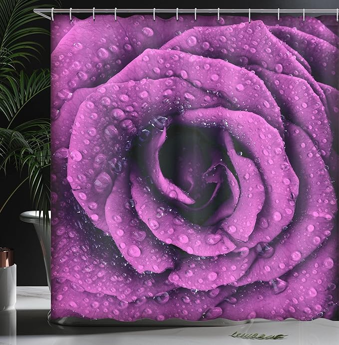 Ambesonne Purple Shower Curtain, Fresh Raindrops on a Big Valentine Rose Universal Timeless Romantic Love Blooms, Cloth Fabric Bathroom Decor Set with Hooks, 69" W x 70" L, Purple