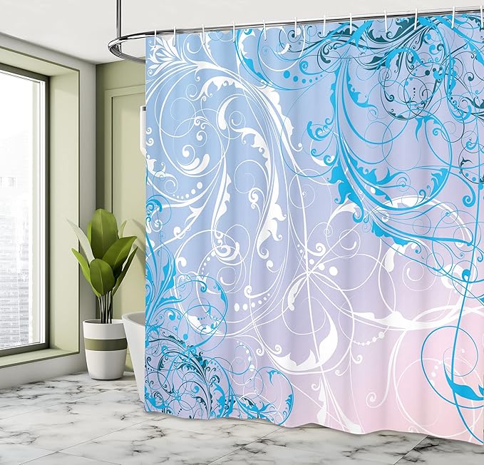 Ambesonne Floral Shower Curtain, Baroque Swirl Branches Curved Flower Leaves Shabby Form Nature Pattern, Cloth Fabric Bathroom Decor Set with Hooks, 69" W x 84" L, Dark Sky