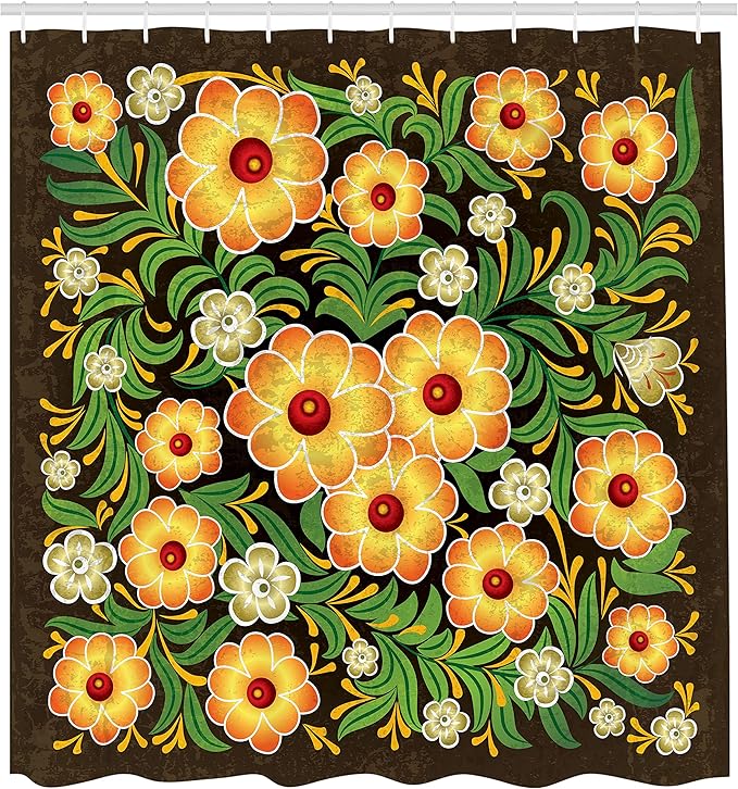 Ambesonne Antique Shower Curtain, Spring Flowers Blooms Leaves Pattern Floral Antique Nature Theme Art Print, Cloth Fabric Bathroom Decor Set with Hooks, 69" W x 70" L, Brown Yellow Green
