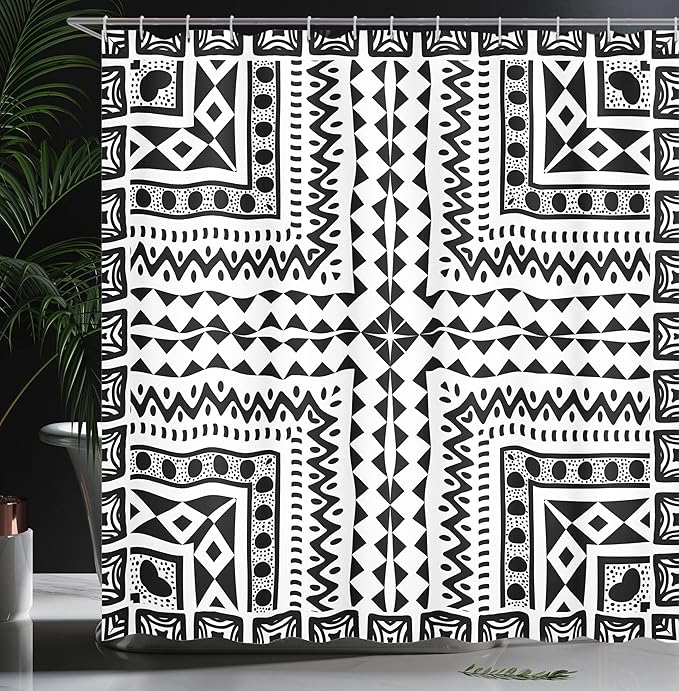 Ambesonne Tribal Shower Curtain, Geometric Pattern Vintage Dots Sketchy Lines Art Print, Cloth Fabric Bathroom Decor Set with Hooks, 69" W x 70" L, Black and Eggshell