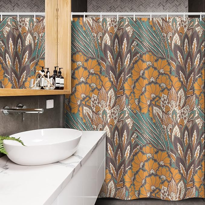 Ambesonne Floral Stall Shower Curtain, Pattern of Flowers and Peacock Feathers Floral Arrangement Art, Fabric Bathroom Decor Set with Hooks, 54" W x 78" L, Petrol Blue Pale Coffee
