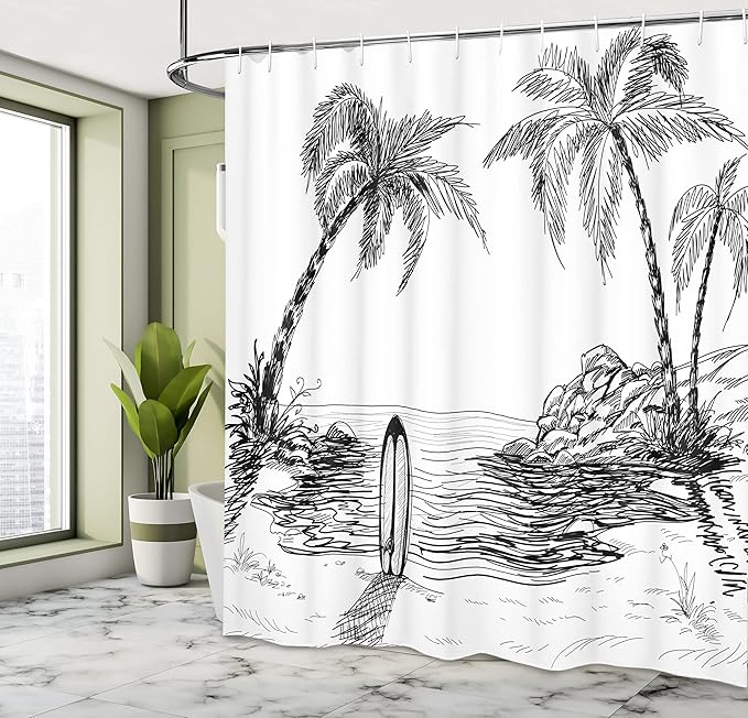 Ambesonne Surf Shower Curtain, Seascape with Coconut Tree and Surfboard on The Sand Summer Time Exotic Island Sketch, Cloth Fabric Bathroom Decor Set with Hooks, 69" W x 84" L, White and Black