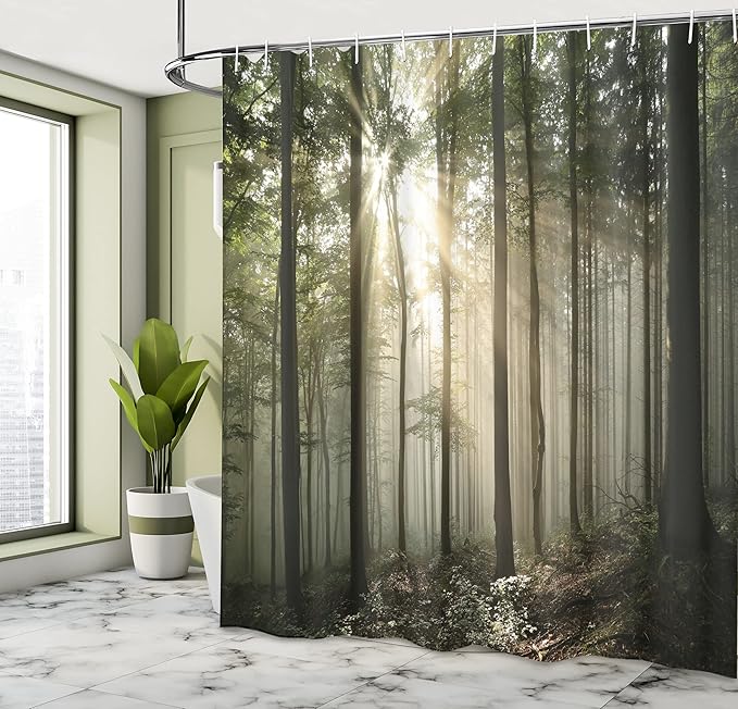 Ambesonne Forest Shower Curtain, Sunrise in The Early Autumn Season of a Deciduous Forest with Wild Woodland Seasonal Picture Style, Cloth Fabric Bathroom Set with Hooks, 69" W x 75" L, Black Green
