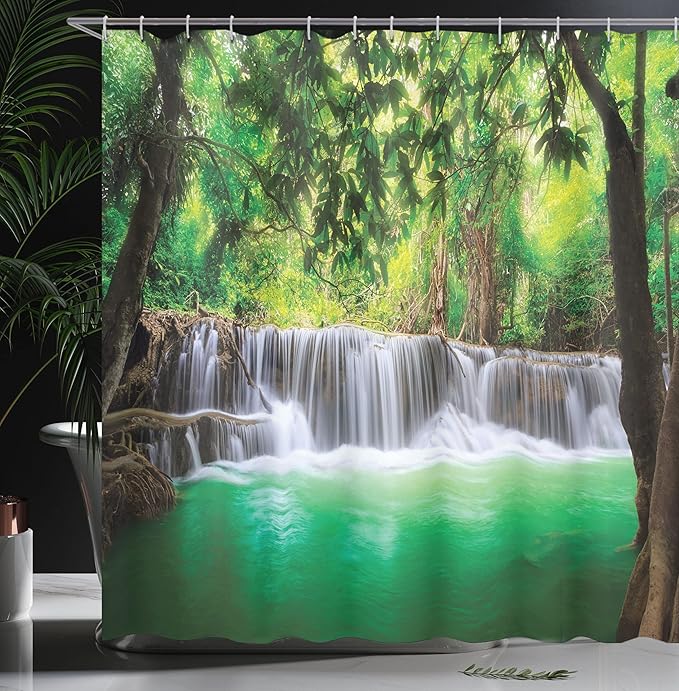 Ambesonne Waterfall Shower Curtain, Waterfall in Tropical Forest Trees Thailand Kanjanaburi Sunny Day Image, Cloth Fabric Bathroom Decor Set with Hooks, 69" W x 70" L, Green Brown