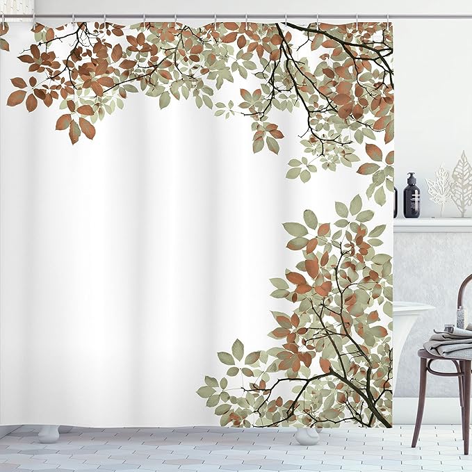 Ambesonne Leaves Shower Curtain, Broad Leaves Close-up Background Autumnal Foliage Shrubs Illustration Print, Cloth Fabric Bathroom Decor Set with Hooks, 69" W x 75" L, Cinnamon and White