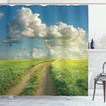 Ambesonne Summer Shower Curtain, Summer Landscape Sunshines Over Grassland Road and Cloudscape Picture, Cloth Fabric Bathroom Decor Set with Hooks, 69" W X 70" L, Lime Green