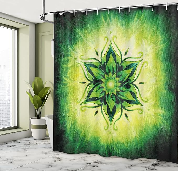 Ambesonne Lotus Shower Curtain, Psychedelic Floral Mandala Digital Image, Cloth Fabric Bathroom Decor Set with Hooks, 69" W x 70" L, Emerald Lime Green
