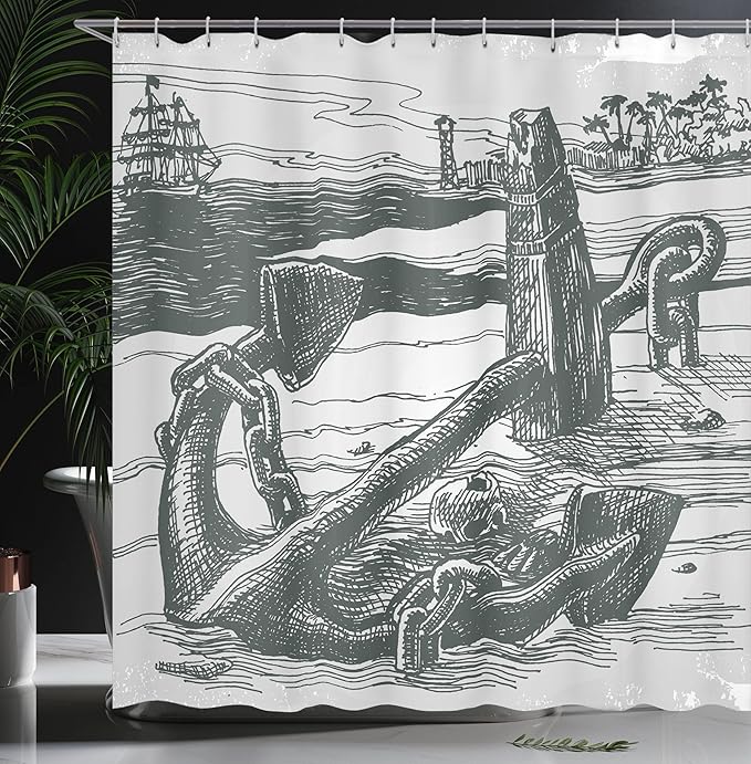 Ambesonne Anchor Shower Curtain, Anchor with Skull by Exotic Island Shoreline Palm Trees Pirate Buccaneer Ship, Cloth Fabric Bathroom Decor Set with Hooks, 69" W x 84" L, Black Grey