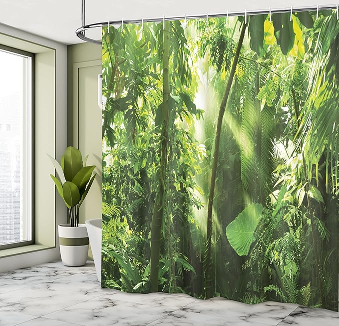 Ambesonne Forest Shower Curtain, Summer Tropical Monsoon Jungle with Exotic Tree Types and Big Leaves Scene, Cloth Fabric Bathroom Decor Set with Hooks, 69" W x 70" L, Yellow and Green
