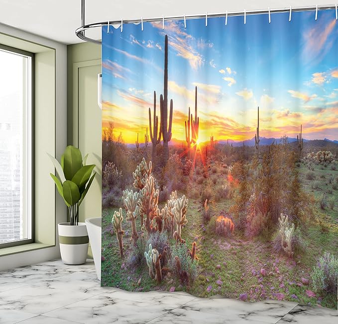 Ambesonne Saguaro Shower Curtain, Sun is Setting Between Saguaros Wildflowers in The Sonoran Desert Scene Picture, Cloth Fabric Bathroom Decor Set with Hooks, 69" W x 75" L, Aqua Green