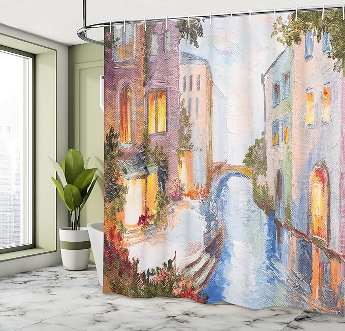 Ambesonne Venice Shower Curtain, Historical City Vintage Houses Water Canal Venice Italy Oil Painting, Cloth Fabric Bathroom Decor Set with Hooks, 69" W x 84" L, Orange Ivory