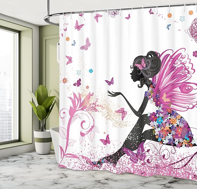 Ambesonne Fantasy Shower Curtain, Spring Girl Wings in a Floral Dress Surreal Garden Butterflies Print, Cloth Fabric Bathroom Decor Set with Hooks, 69" W x 84" L, Pastel Pink