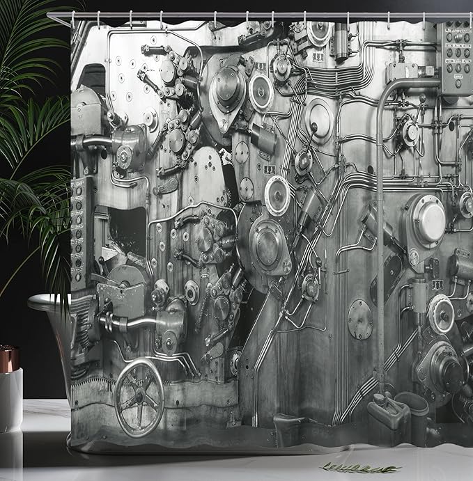 Ambesonne Industrial Shower Curtain, Modern Times Detail of Rusted Machine in Factory Physical Equipment Process, Cloth Fabric Bathroom Decor Set with Hooks, 69" W x 70" L, White Black
