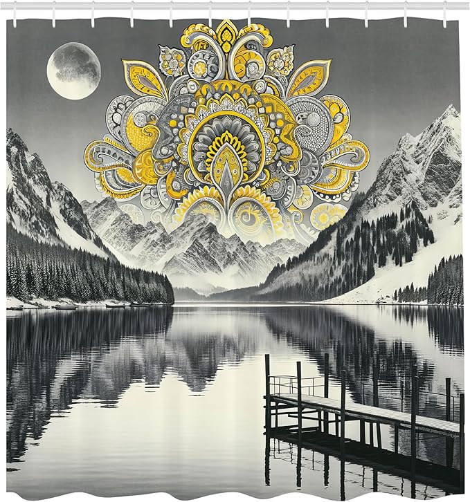 Ambesonne Lake Shower Curtain, Mandala Inspired Motif and Mountains Panorama in Grayscale Achromatic Colors, Cloth Fabric Bathroom Decor Set with Hooks, 69" W x 84" L, Yellow and Grey