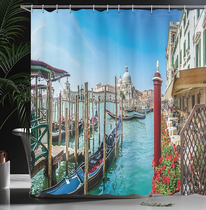 Ambesonne Scenery Shower Curtain, Gondola on Canal Grande Architecture Background Sunny Day Venice Image Print, Cloth Fabric Bathroom Decor Set with Hooks, 69" W x 84" L, Multicolor
