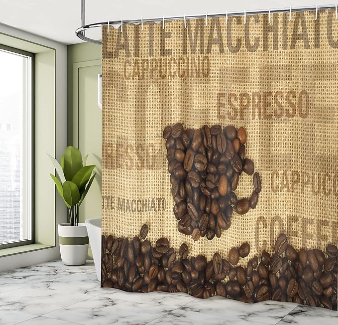 Ambesonne Coffee Shower Curtain, Coffee Beans Shaped in Mug and Coffee Types Letterings Art Print, Cloth Fabric Bathroom Decor Set with Hooks, 69" W x 84" L, Dark Brown Pale Brown
