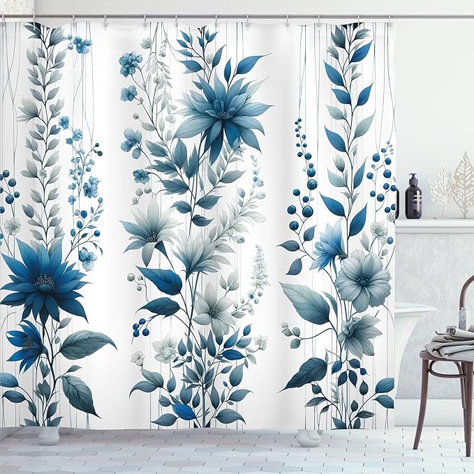 Ambesonne Blue Shower Curtain, Flowers Berry Branches and Leaves as Vertical Lines Cold Colored Garden, Cloth Fabric Bathroom Decor Set with Hooks, 69" W x 84" L, Slate Blue and Sea Blue