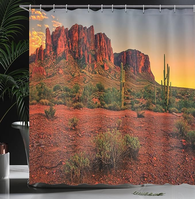 Ambesonne Saguaro Shower Curtain, Colorful Sunset View of The Desert and Mountains Near Phoenix Arizona USA, Cloth Fabric Bathroom Decor Set with Hooks, 69" W x 84" L, Yellow Green