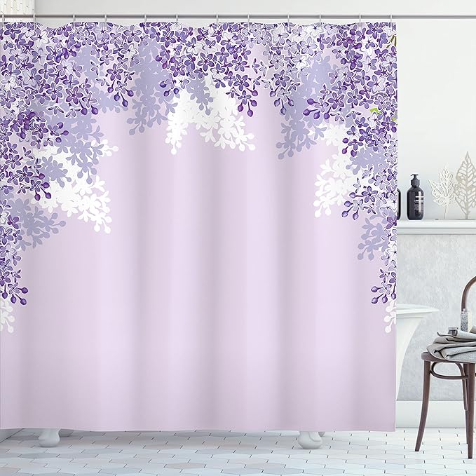 Ambesonne Flower Shower Curtain, Framing Lilac Flowers in Blossom Vernal Season Soothing Color Shades Artwork, Cloth Fabric Bathroom Decor Set with Hooks, 69" W x 84" L, Blue Violet