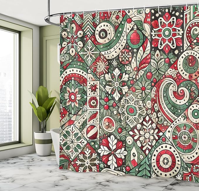 Ambesonne Christmas Shower Curtain, Jumble Design of Leafy Atmosphere Xmas Floral and Winter Bells Party, Cloth Fabric Bathroom Decor Set with Hooks, 69" W x 70" L, Dark Pink Laurel Green