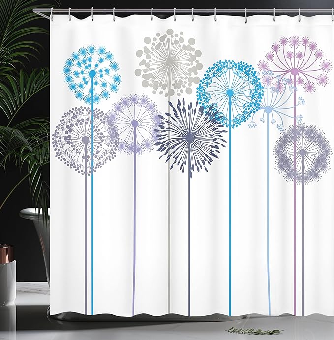 Ambesonne Floral Shower Curtain, Flower Inspired Artwork Colorful Dandelions on White Background Illustration Print, Cloth Fabric Bathroom Decor Set with Hooks, 69" W x 70" L, Deep Sky