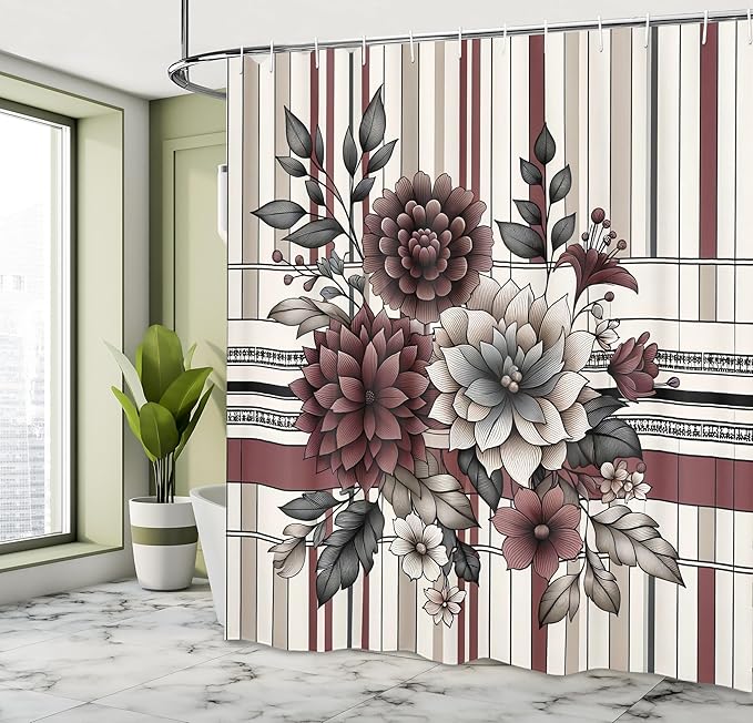 Ambesonne Floral Shower Curtain, Retro Flowers on Geometric Style Rectangle Motives Dahlia and Leaves, Cloth Fabric Bathroom Decor Set with Hooks, 69" W x 84" L, Dried Rose and Pale Tan