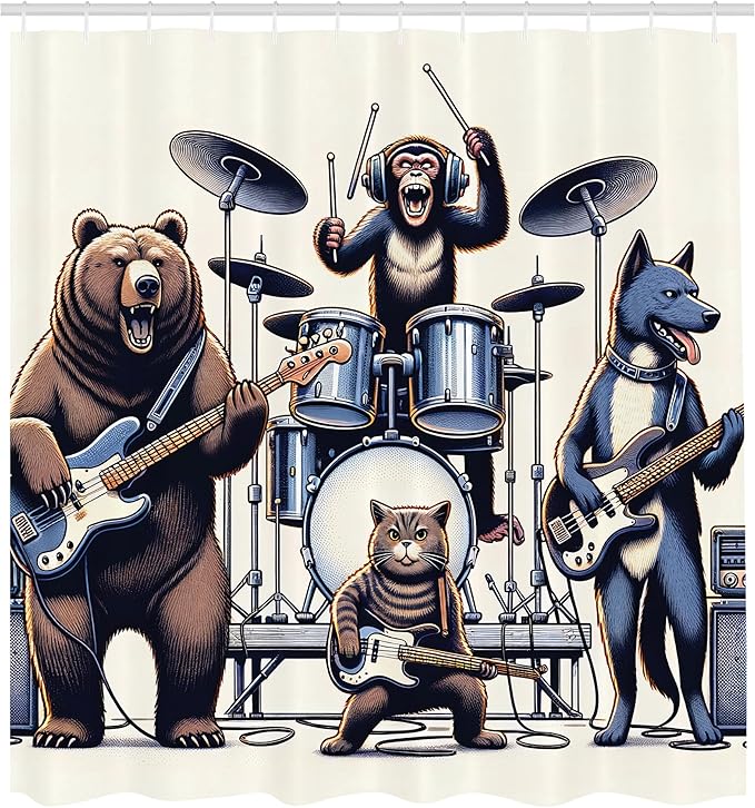 Ambesonne Musician Animals Shower Curtain, Humorous Band with Wolf Bear Cat and Monkey Rock Concert, Cloth Fabric Bathroom Decor Set with Hooks, 69" W x 84" L, Lavender Blue Brown White