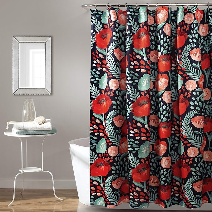 Lush Decor Poppy Garden Shower Curtain Single 72" W x 72" L Navy - Floral Shower Curtains for Bathroom - Colorful Bathroom Curtain - Cottage Core Decor