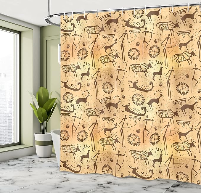 Ambesonne Prehistoric Shower Curtain, Dated Irregular Caveman Paint Forms with Bird and Cow Shape Early Modern Humans, Cloth Fabric Bathroom Decor Set with Hooks, 69" W x 70" L, Tan Brown