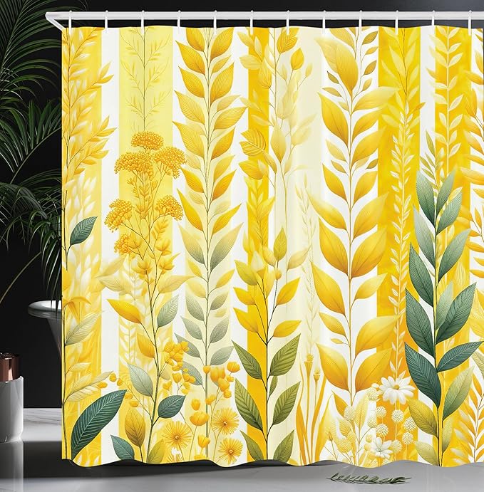 Ambesonne Yellow Shower Curtain, Abstract Botanic Vertical Bicolor Leaves Creeper Print with Summer Colors, Cloth Fabric Bathroom Decor Set with Hooks, 69" W x 84" L, Reseda Green Mustard