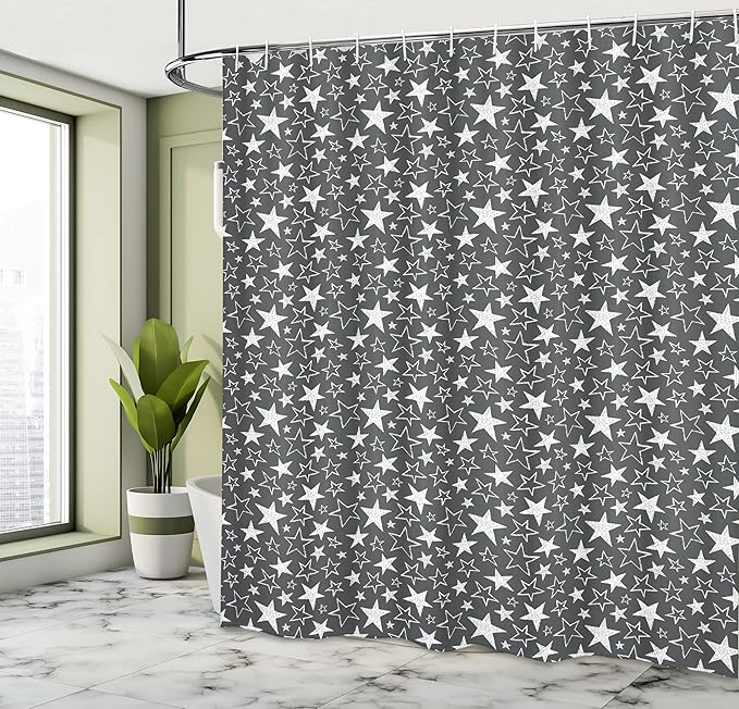 Ambesonne Star Print Shower Curtain, Greyscale Illustration Chalk Design Hand Drawn 5 Pointed Geometric Shapes, Cloth Fabric Bathroom Decor Set with Hooks, 69" W x 70" L, Charcoal Grey White