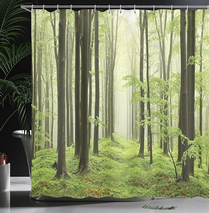 Ambesonne Landscape Shower Curtain, Beech Forest Morning Haze in The Mountains of The Southern Polish Image, Cloth Fabric Bathroom Decor Set with Hooks, 69" W x 75" L, Pale Green