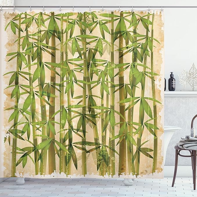 Ambesonne Asian Themed Shower Curtain, Modern Illustration Japanese Woodland Reeds on a Vintage Background Art, Cloth Fabric Bathroom Decor Set with Hooks, 69" W x 75" L, Cream and Green