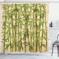 Ambesonne Asian Themed Shower Curtain, Modern Illustration Japanese Woodland Reeds on a Vintage Background Art, Cloth Fabric Bathroom Decor Set with Hooks, 69" W x 75" L, Cream and Green