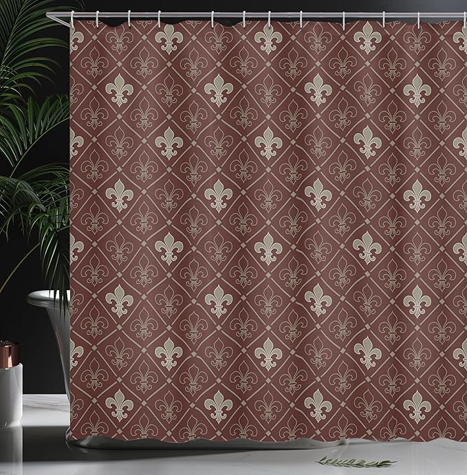 Ambesonne Fleur De Lis Shower Curtain, Fleur-de-Lis in Diamond Shape Lines Classical Cultural Victorian Style, Cloth Fabric Bathroom Decor Set with Hooks, 69" W x 84" L, Green Maroon