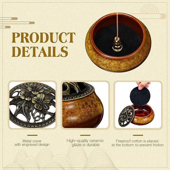 Maxcheck 4 Pcs Ceramic Incense Burner with Copper Lid Metal Incense Holder Lotus Cone Burner for Sandalwood Palo Santo Sage Cones Meditation Yoga Spa Gifts Room Decor(Yellow)
