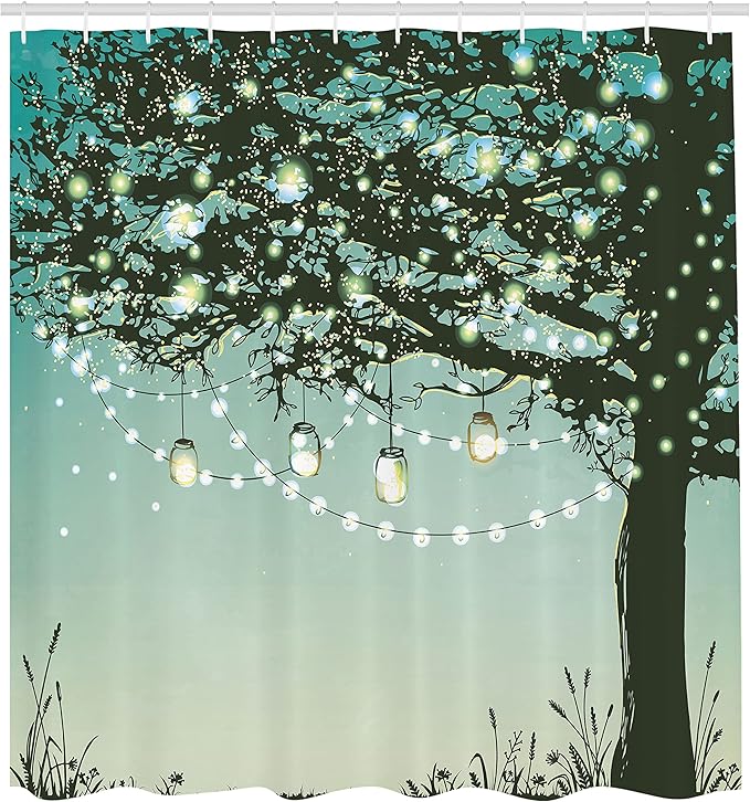Ambesonne Magic Shower Curtain, Romantic Tree Branch Nature Garden Backyard Party Theme Illustration Print, Cloth Fabric Bathroom Decor Set with Hooks, 69" W x 70" L, Yellow and Green