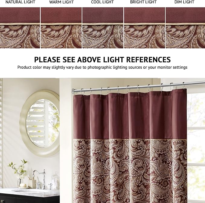 Madison Park Aubrey Shower Curtain Paisley Jacquard Pieced Microfiber Faux Silk Modern Home Bathroom Decorations, 72x72, Burgundy