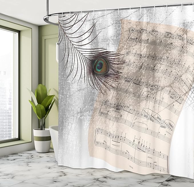 Ambesonne Peacock Shower Curtain, Music Notes Sheet Texture Animal Feather Evil Eye on Antique Style Musical Theme, Cloth Fabric Bathroom Decor Set with Hooks, 69" W x 70" L, Beige
