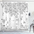 Ambesonne Tree Shower Curtain, Floral Tree with Outline Butterflies and Swing in Garden Dream Space Illustration, Cloth Fabric Bathroom Decor Set with Hooks, 69" W x 84" L, Cream and Black