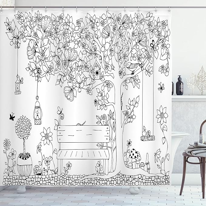 Ambesonne Tree Shower Curtain, Floral Tree with Outline Butterflies and Swing in Garden Dream Space Illustration, Cloth Fabric Bathroom Decor Set with Hooks, 69" W x 70" L, Cream and Black