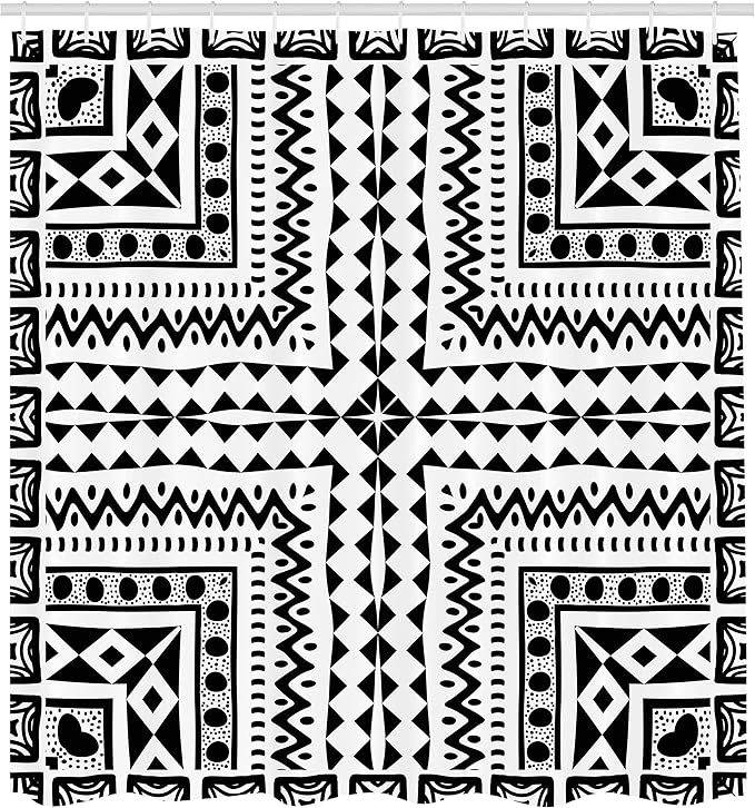 Ambesonne Tribal Shower Curtain, Geometric Pattern Vintage Dots Sketchy Lines Art Print, Cloth Fabric Bathroom Decor Set with Hooks, 69" W x 70" L, Black and Eggshell