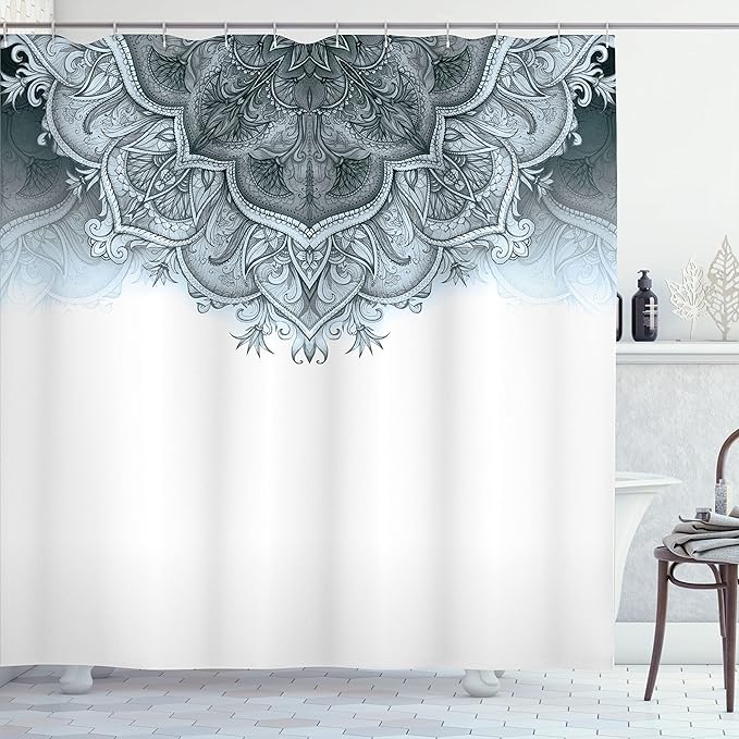 Ambesonne Moroccan Shower Curtain, Floral Art Vintage Style Eastern Architectural Elements Oriental Pattern, Cloth Fabric Bathroom Decor Set with Hooks, 69" W x 70" L, Grey Blue