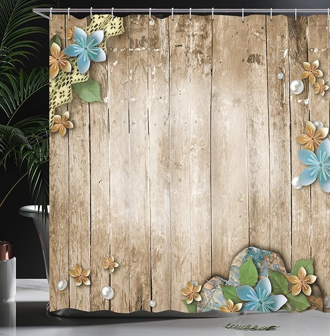Ambesonne Pearls Shower Curtain, Flowers Pearls and Lace on Rustic Wooden Planks Background Vintage Style Print, Cloth Fabric Bathroom Decor Set with Hooks, 69" W x 75" L, Coffee Brown Blue