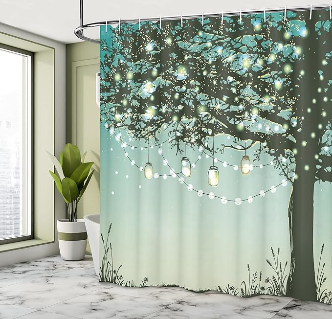 Ambesonne Magic Shower Curtain, Romantic Tree Branch Nature Garden Backyard Party Theme Illustration Print, Cloth Fabric Bathroom Decor Set with Hooks, 69" W x 70" L, Yellow and Green