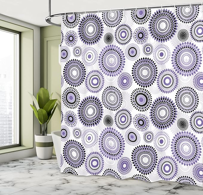 Ambesonne Floral Shower Curtain, Abstract Medallion Pattern Round Shape with Leaves Balls Floral Flowers, Cloth Fabric Bathroom Decor Set with Hooks, 69" W x 75" L, Purple White